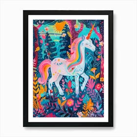 Floral Fauvism Style Unicorn In The Woodland 2 Art Print