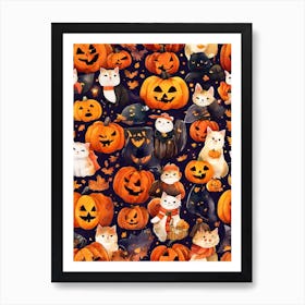 Halloween Cats And Pumpkins Art Print
