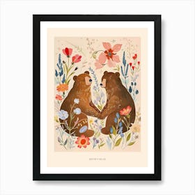 Folksy Floral Animal Drawing Brown Bear 4 Poster Art Print