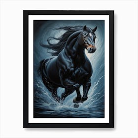 Black Horse Running In The Water Art Print