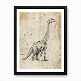Plateosaurus Dinosaur Black Ink & Sepia Illustration 1 Art Print