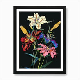 Neon Flowers On Black Bouquet 6 Art Print