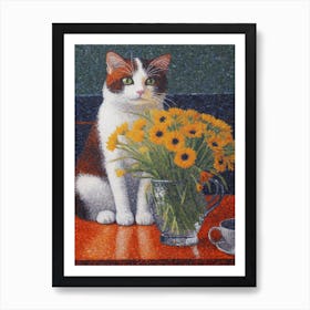 Daisies With A Cat 4 Pointillism Style Art Print