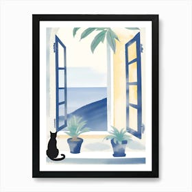 Cat and Window blue watercolor Art Print