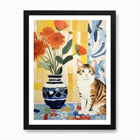 Pansy Flower Vase And A Cat, A Painting In The Style Of Matisse 1 Art Print