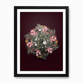 Vintage Hedge Rose Flower Wreath on Wine Red n.0158 Art Print