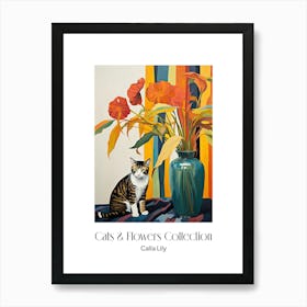 Cats & Flowers Collection Calla Lily Flower Vase And A Cat, A Painting In The Style Of Matisse 0 Art Print