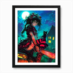 Halloween Goth Girl Chainsaw 1 Art Print