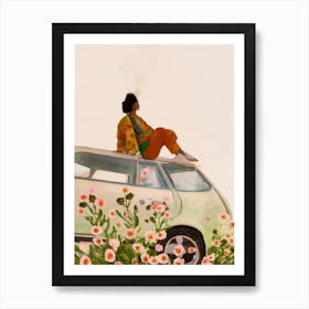 Thoughtful Woman Sitting On Car Roof By Flowers Art Print