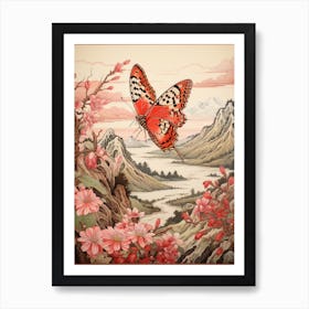 Pink Blush Flowers Butterfly Japanese Style Painting 2 Art Print