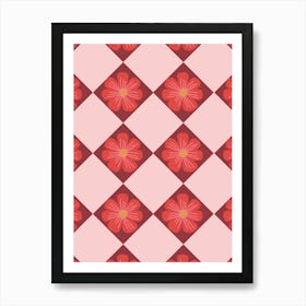 Retro Hand Drawn Flower Red and Pink Diamond Grid Art Print