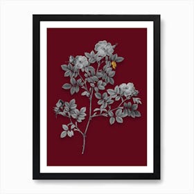 Vintage Rose Corymb Black and White Gold Leaf Floral Art on Burgundy Red n.0537 Art Print