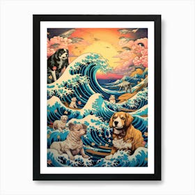 The Great Wave Off Kanagawa With Dogs Kitsch Art Print