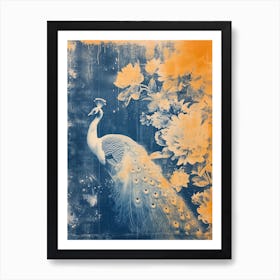 White Orange Blue Cyanotype Inspired Peacock 2 Art Print