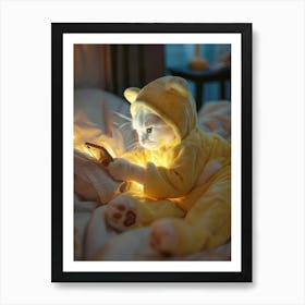 A Photo Of A Realistic White Cat That Wears A Yellow Teddy Bear Onesie Is Lying On Her Bed And Looking At Her Phone At Night Affiche