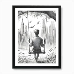 Moody Man on Swing Sketch Art Print