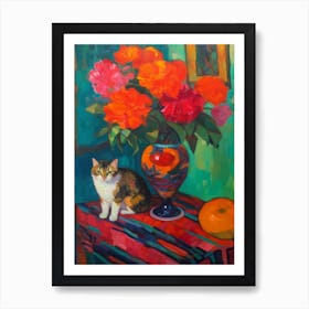 Peony With A Cat 1 Fauvist Style Painting Art Print