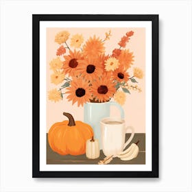 Pitcher With Sunflowers, Atumn Fall Daisies And Pumpkin Latte Cute Illustration 1 Art Print