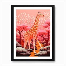 Giraffe Exploring The Nature Orange & Pink 3 Art Print