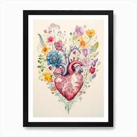 Folky Heart Line Flower Illustration Art Print