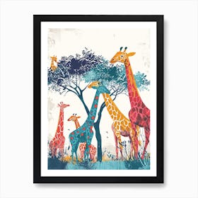 Giraffe Herd Under The Tree Watercolour 8 Art Print