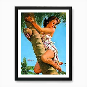 Pinup Sexy Girl On A Coconut Tree, Funny Vintage Poster Art Print