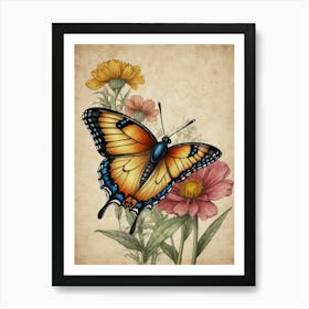 Butterfly And Flowers 1 Art Print