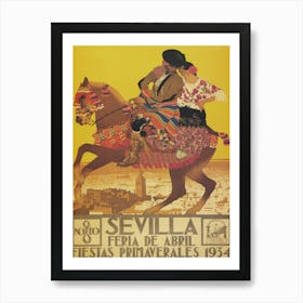 Sevilla Spain Fiesta De April, Man and Woman Riding Horse, Vintage Travel Poster Art Print