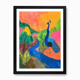 Peacock By The River Colourful Painting 4 Art Print