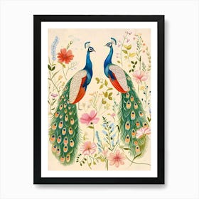 Folksy Floral Animal Drawing Peacock Art Print