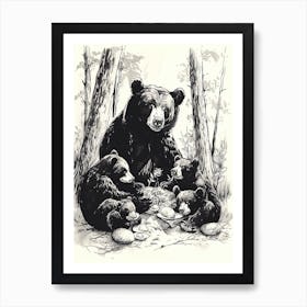 Malayan Sun Bear Family Picnicking Ink Illustration The Woods Ink Illustration 2 Art Print