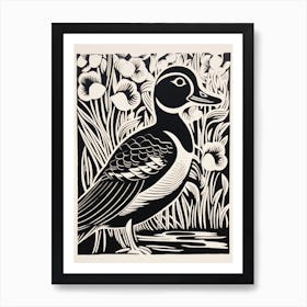 B&W Bird Linocut Wood Duck 1 Art Print