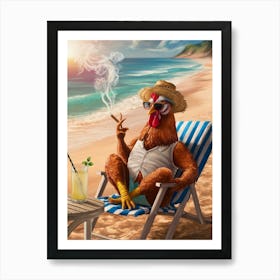 Rooster On The Beach Art Print