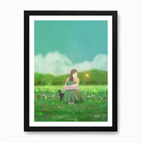 Spring girl Hugging Cat green season Art Print