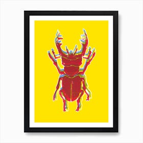 Stag Beetle Tricolore Lino Cut Red In Yellow Art Print