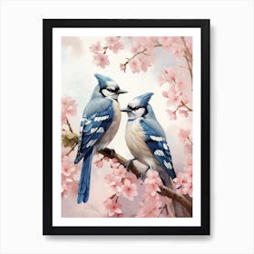 Two Blue Jays In Cherry Blossoms Art Print