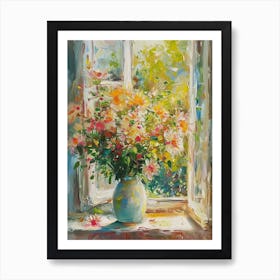 Chrysanthemum Flowers On A Cottage Window 4 Art Print