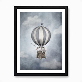 Blue Hot Air Balloon With Elephant Art Print