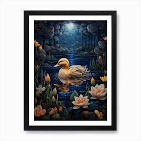 Floral Ornamental Ducklings At Night 3 Art Print