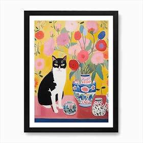 Sweet Pea Flower Vase And A Cat, A Painting In The Style Of Matisse 1 Art Print