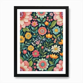 Painted Summer Flowers Boho Pattern - Navy Background Pink Bohemian Wallpaper Art Like Amy Butler and William Morris Fabric Print For Lunar Pagan Gallery Feature Wall Floral Botanical Luna Lover HD Art Print