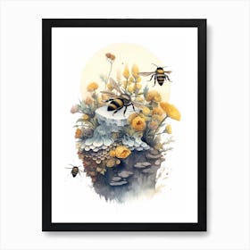 Four Banded Flower Bee Beehive Watercolour Illustration 2 Art Print
