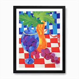 Grapes On Checkered Table, Colourful Tones, Frenchch Riviera In Matisse Style 1 Art Print