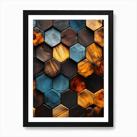 Hexagonal wooden tiles in a rich color palette, featuring deep browns, vibrant oranges, and cool blues. Art Print