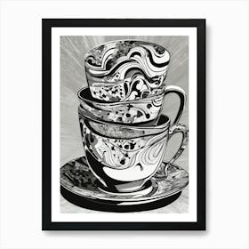 Stacked fractal china coffee cup abstract monochrome Art Print