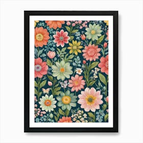 Painted Spring and Summer Flowers Boho Pattern - Navy Background Pink Yellow Orange Butterfly Bohemian Wallpaper Art Like Amy Butler and William Morris Fabric Print For Lunar Pagan Gallery Feature Wall Floral Botanical Luna Lover HD Art Print
