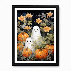 Cute Bedsheet Ghost, Botanical Halloween Watercolour 147 Art Print