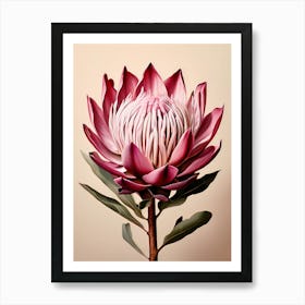 A Digital Painting Of A Large Protea Flower Centered In The Composition Against A Solid Beige Backg Art Print