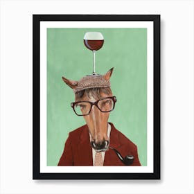 Horse With Wineglass Mint & Brown Art Print