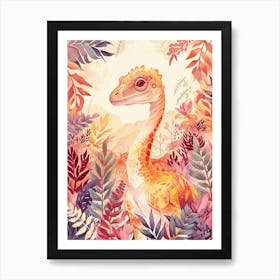 Watercolour Troodon Dinosaur In The Plants 1 Art Print